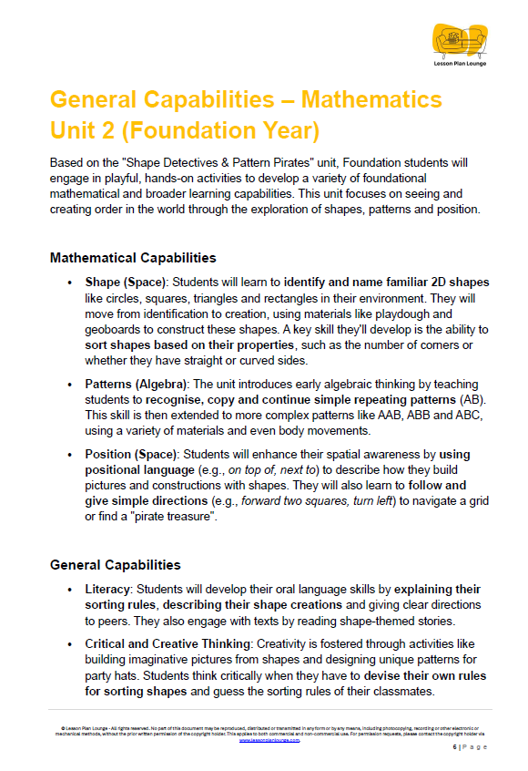 Mathematics - Unit 2: Shape Detectives & Pattern Pirates - Kindergarten/ Foundation Year/ Prep
