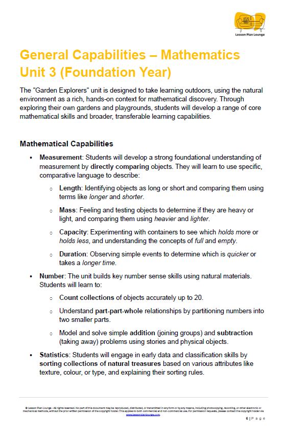Mathematics - Unit 3: Garden Explorers - Kindergarten/ Foundation Year/ Prep