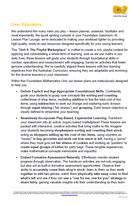 Mathematics - Unit 4: The Playful Marketplace - Kindergarten/ Foundation Year/ Prep
