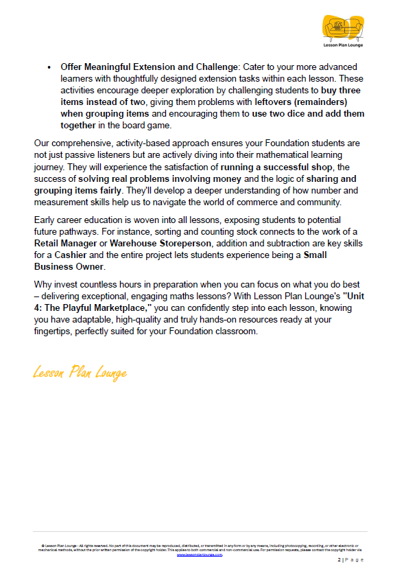 Mathematics - Unit 4: The Playful Marketplace - Kindergarten/ Foundation Year/ Prep