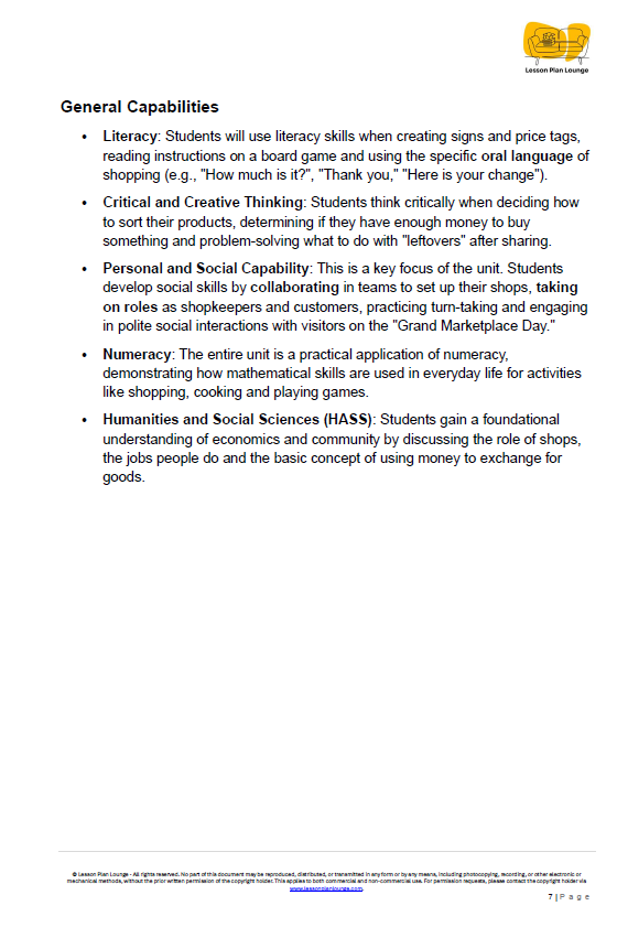 Mathematics - Unit 4: The Playful Marketplace - Kindergarten/ Foundation Year/ Prep