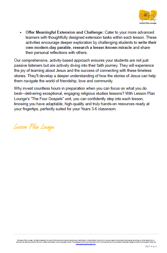 Studies of Religion - The Four Gospels - 10 Lesson Plans + FREE Student Workbook - Year 3 to Year 6 (Upper Primary)