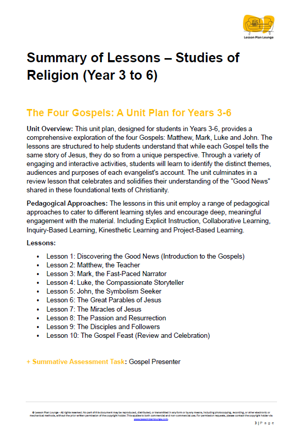 Studies of Religion - The Four Gospels - 10 Lesson Plans + FREE Student Workbook - Year 3 to Year 6 (Upper Primary)