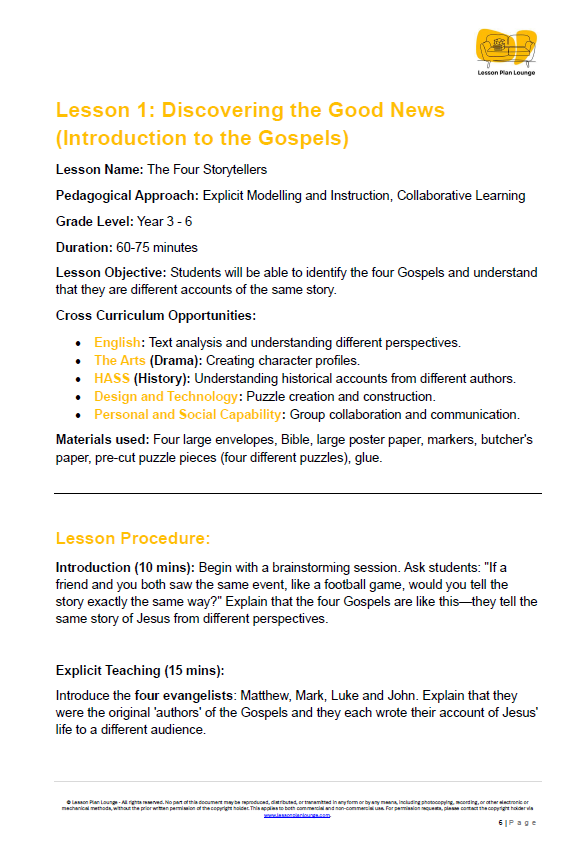 Studies of Religion - The Four Gospels - 10 Lesson Plans + FREE Student Workbook - Year 3 to Year 6 (Upper Primary)