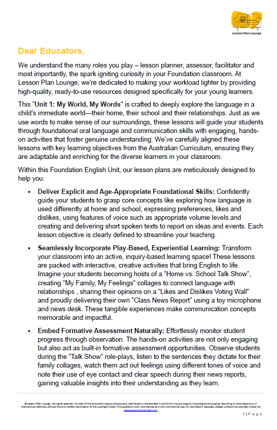 English - Unit 1 My World, My Words - Foundation Year/ Kindergarten/ Prep