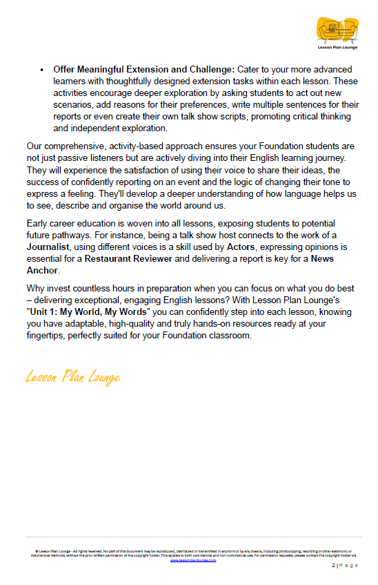 English - Unit 1 My World, My Words - Foundation Year/ Kindergarten/ Prep