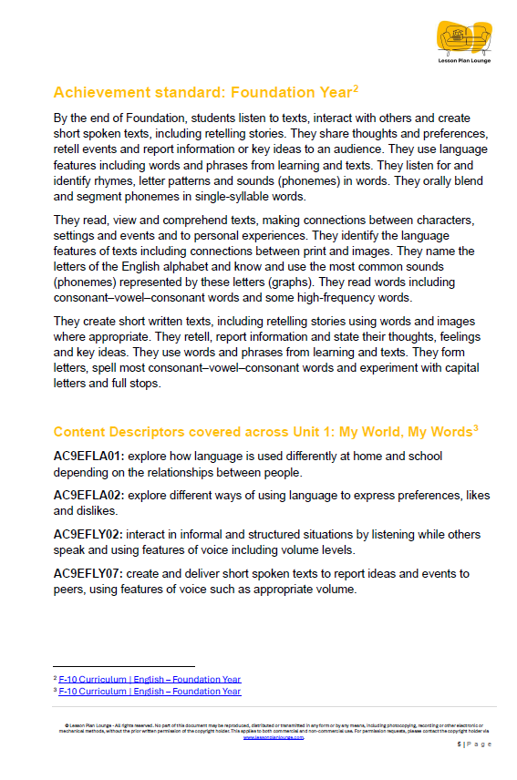 English - Unit 1 My World, My Words - Foundation Year/ Kindergarten/ Prep