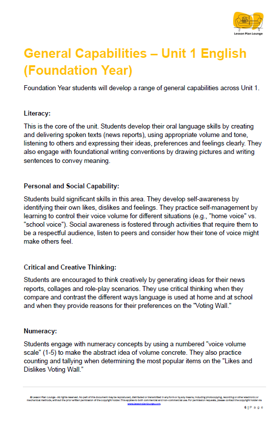 English - Unit 1 My World, My Words - Foundation Year/ Kindergarten/ Prep