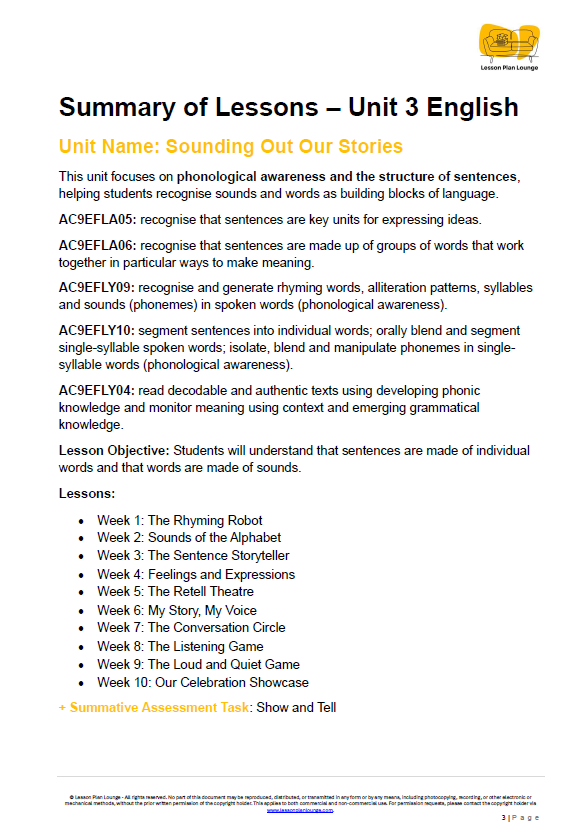 English - Unit 3 Sounding Out Our Stories - Kindergarten/ Foundation Year/ Prep