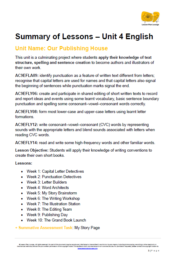 English - Unit 4 Our Publishing House - Kindergarten/ Foundation Year/ Prep