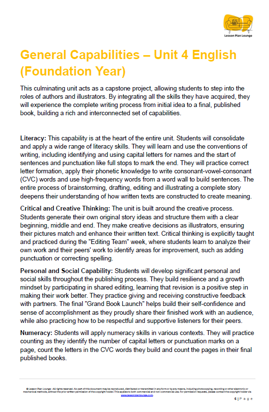 English - Unit 4 Our Publishing House - Kindergarten/ Foundation Year/ Prep