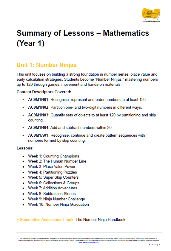 Mathematics - Unit 1 Ninja Numbers - LESSON PLANS - Year 1