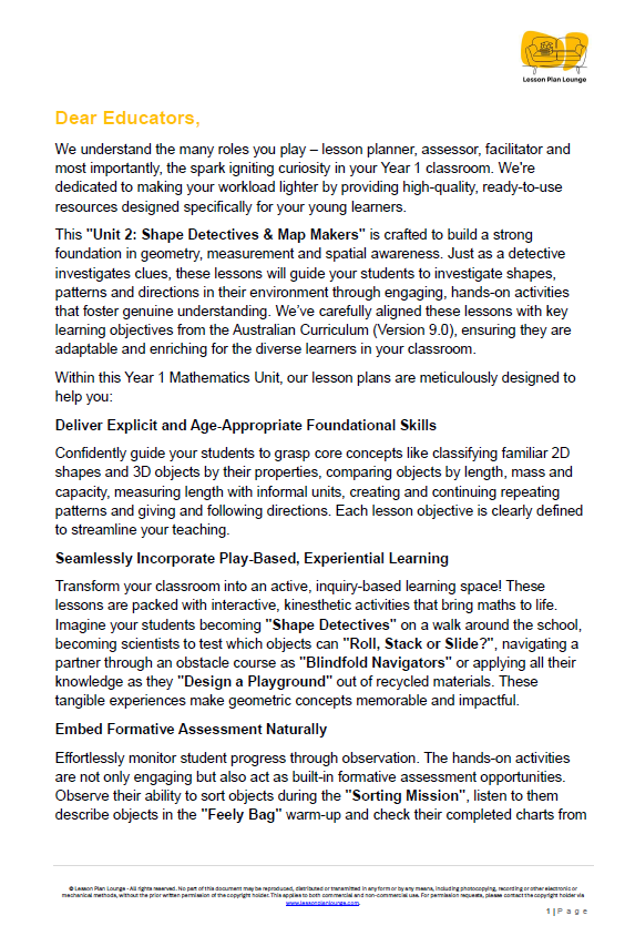 Mathematics - Unit 2 Shape Detectives & Map Makers - LESSON PLANS - Year 1