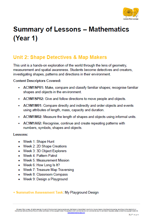 Mathematics - Unit 2 Shape Detectives & Map Makers - LESSON PLANS - Year 1