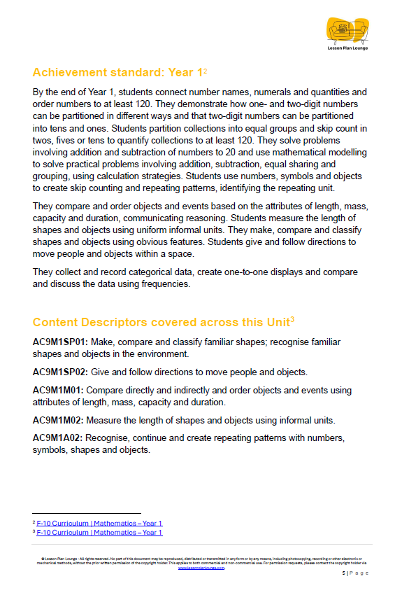 Mathematics - Unit 2 Shape Detectives & Map Makers - LESSON PLANS - Year 1