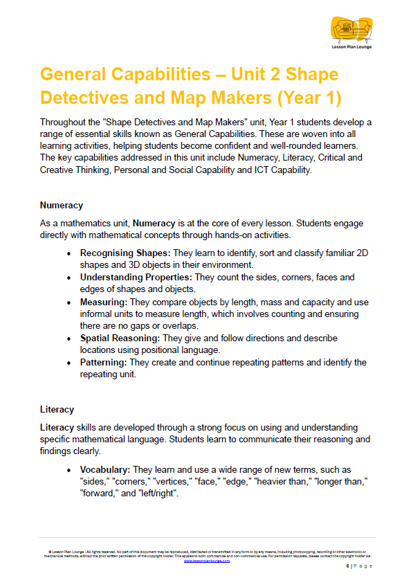 Mathematics - Unit 2 Shape Detectives & Map Makers - LESSON PLANS - Year 1