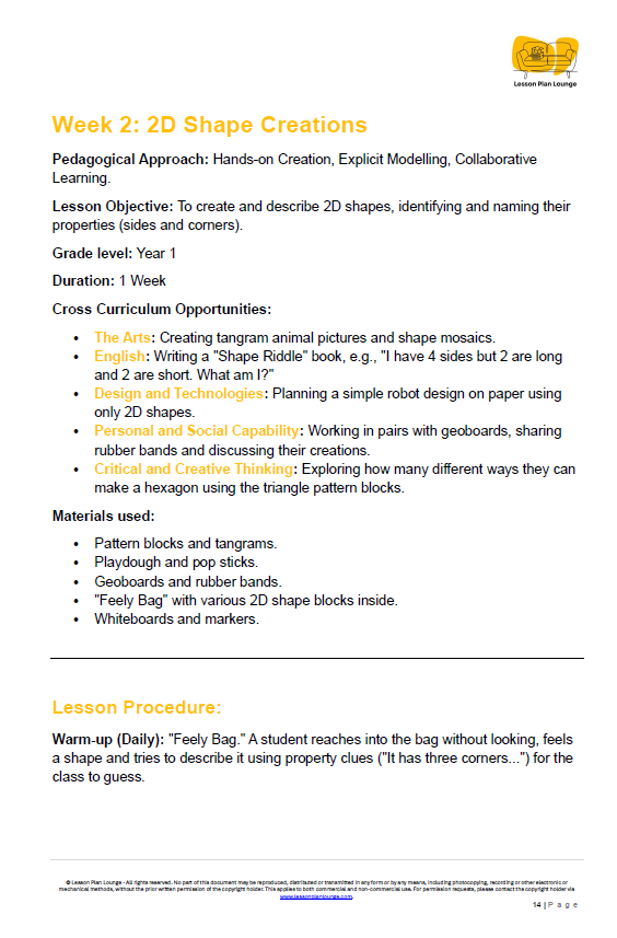 Mathematics - Unit 2 Shape Detectives & Map Makers - LESSON PLANS - Year 1