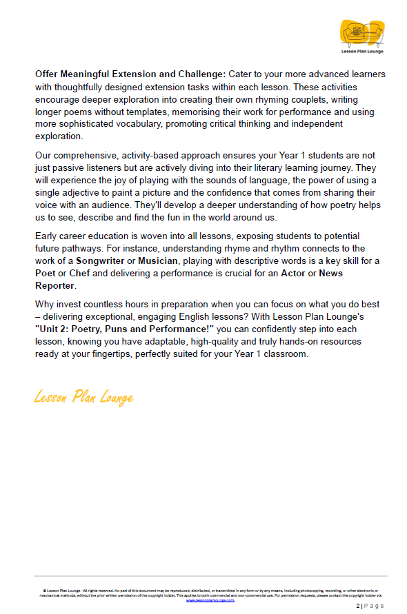 English - Unit 2: Poetry, Puns and Performance! - LESSON PLANS - Year 1