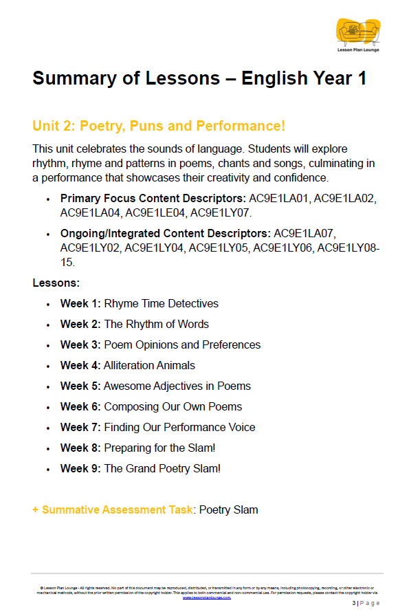 English - Unit 2: Poetry, Puns and Performance! - LESSON PLANS - Year 1