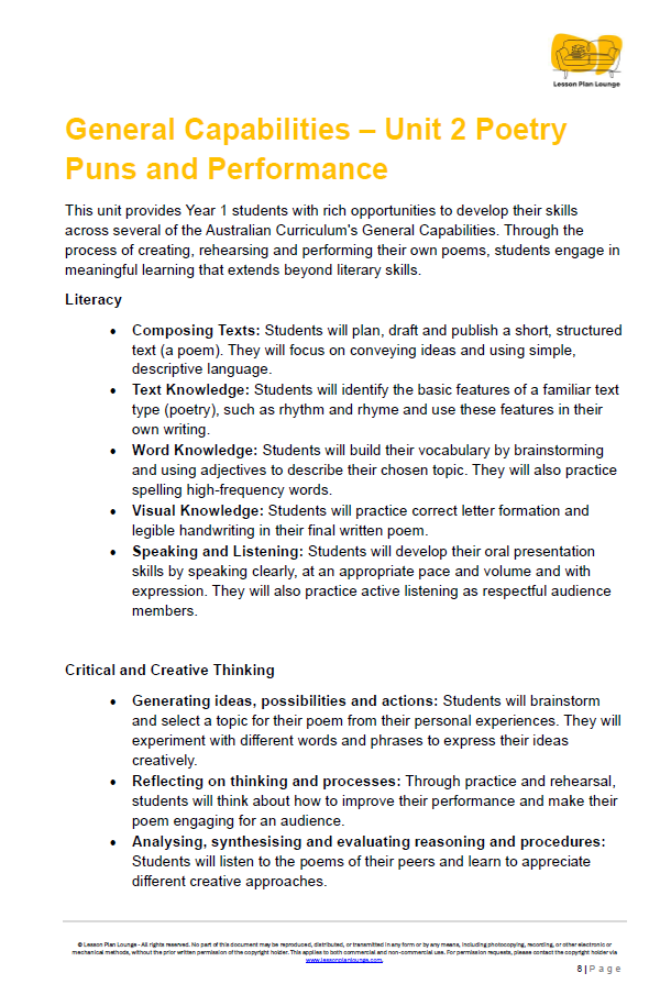 English - Unit 2: Poetry, Puns and Performance! - LESSON PLANS - Year 1