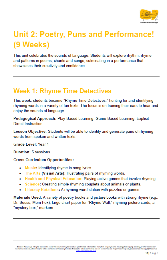 English - Unit 2: Poetry, Puns and Performance! - LESSON PLANS - Year 1