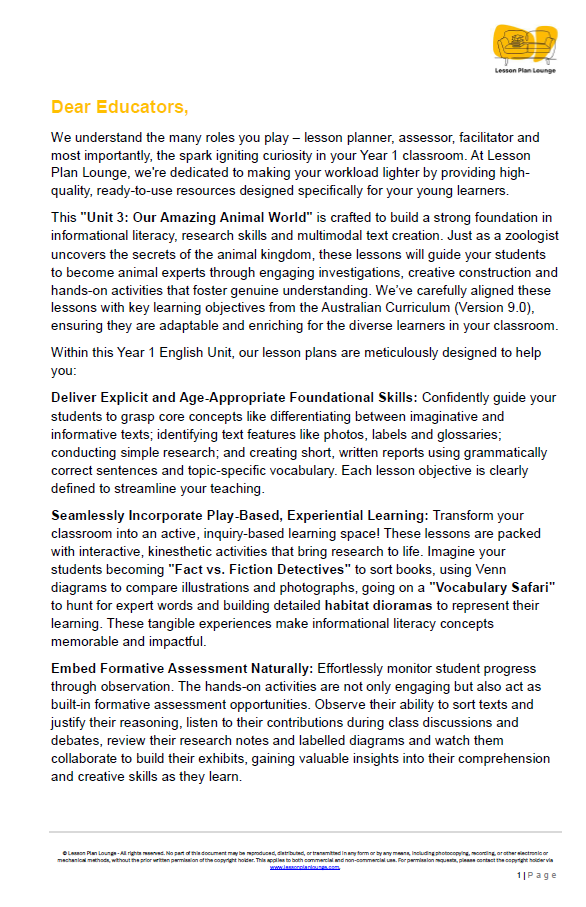 English - Unit 3: Our Amazing Animal World - LESSON PLANS - Year 1