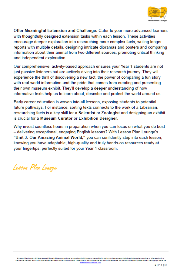 English - Unit 3: Our Amazing Animal World - LESSON PLANS - Year 1