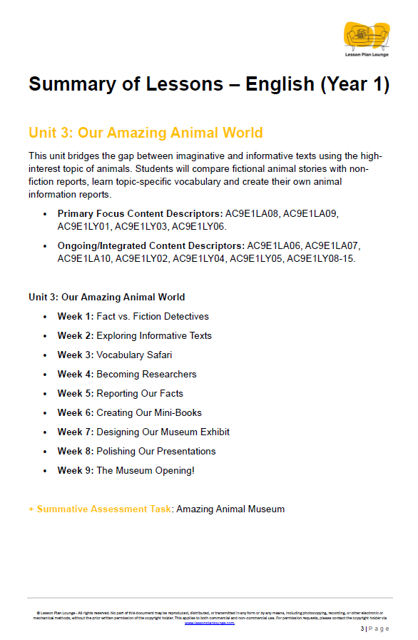 English - Unit 3: Our Amazing Animal World - LESSON PLANS - Year 1