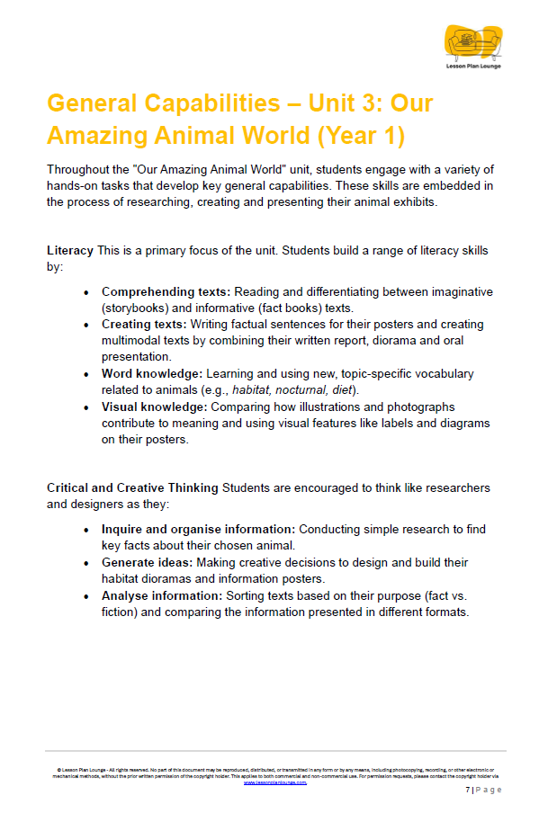 English - Unit 3: Our Amazing Animal World - LESSON PLANS - Year 1