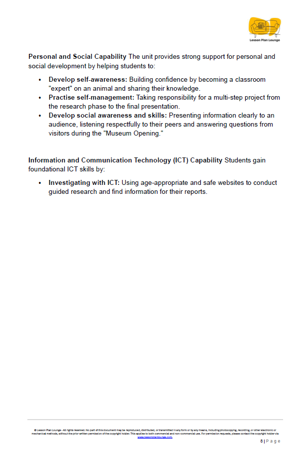 English - Unit 3: Our Amazing Animal World - LESSON PLANS - Year 1