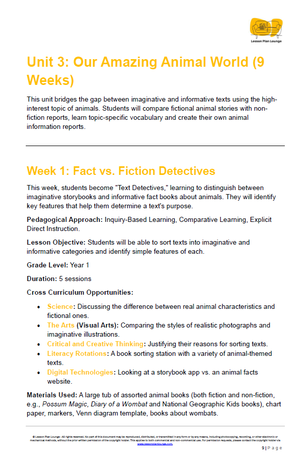 English - Unit 3: Our Amazing Animal World - LESSON PLANS - Year 1