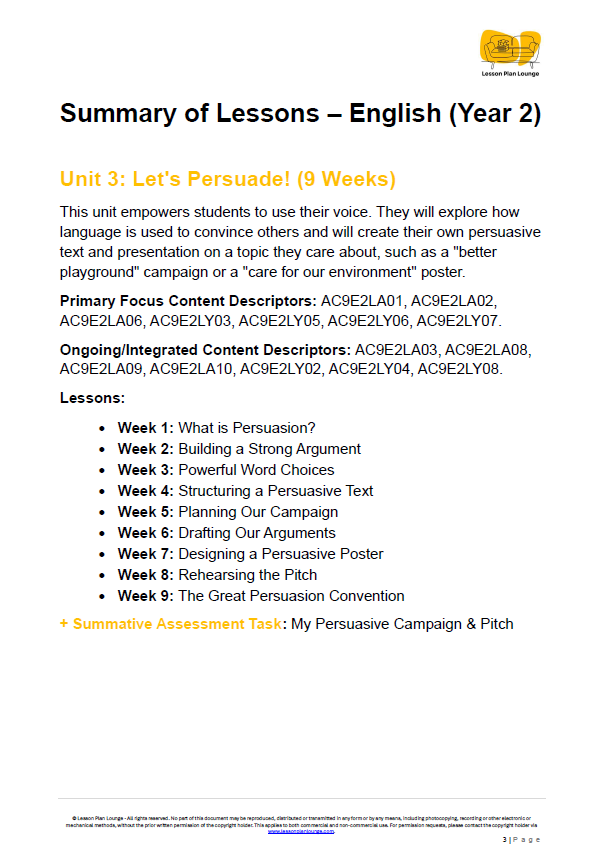 English - Unit 3: Let's Persuade! (Persuasive Texts) - LESSON PLANS - Year 2