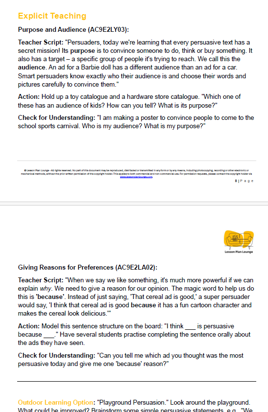 English - Unit 3: Let's Persuade! (Persuasive Texts) - LESSON PLANS - Year 2