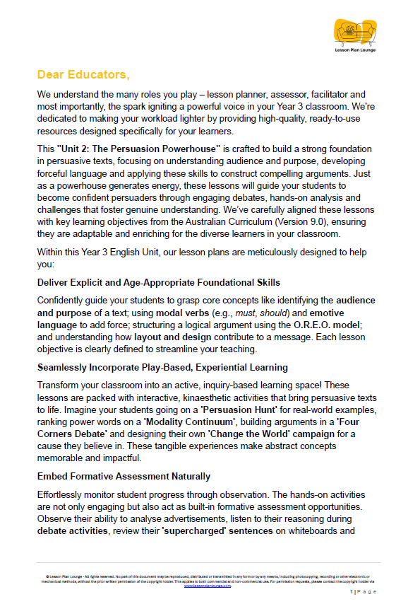 English - Unit 2: The Persuasion Powerhouse - LESSON PLANS - Year 3