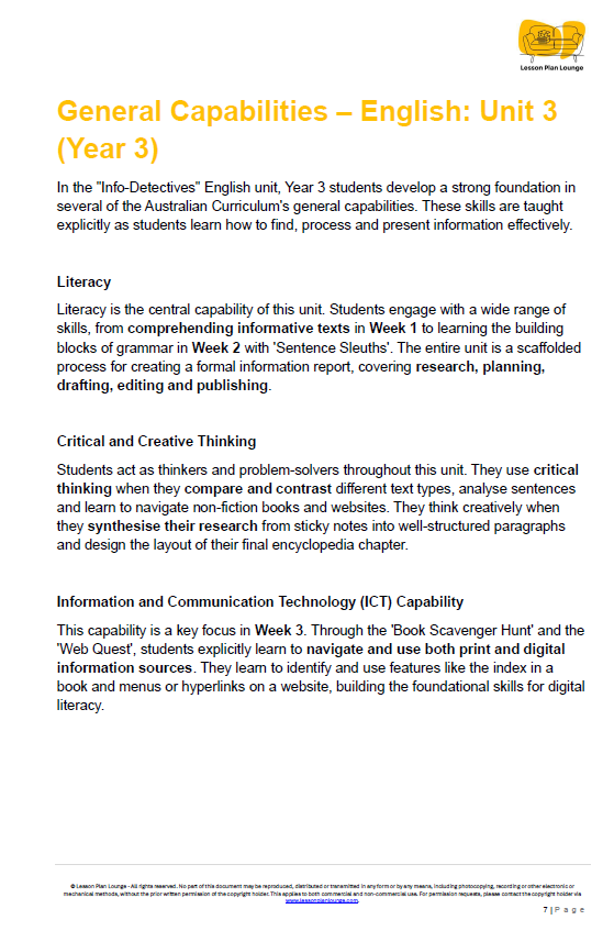 English - Unit 3: Info-Detectives Uncovering the Facts - LESSON PLANS - Year 3