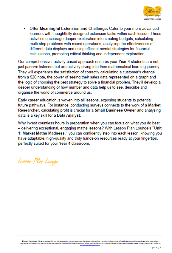 Mathematics - Unit 1: Market Maths Madness - LESSON PLANS - Year 4