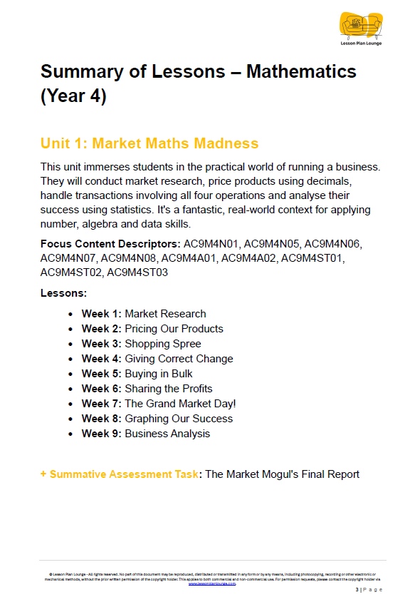 Mathematics - Unit 1: Market Maths Madness - LESSON PLANS - Year 4