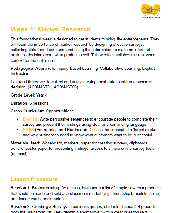 Mathematics - Unit 1: Market Maths Madness - LESSON PLANS - Year 4