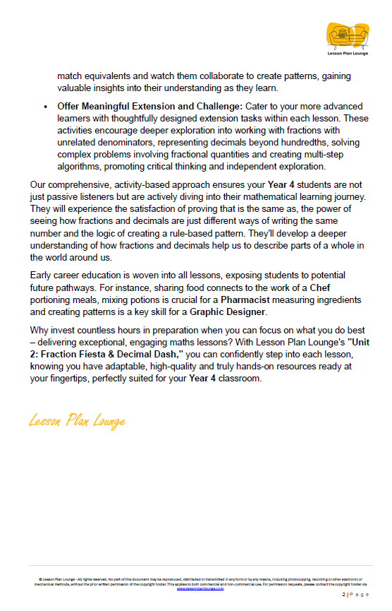 Mathematics - Unit 2: Fraction Fiesta & Decimal Dash - LESSON PLANS - Year 4