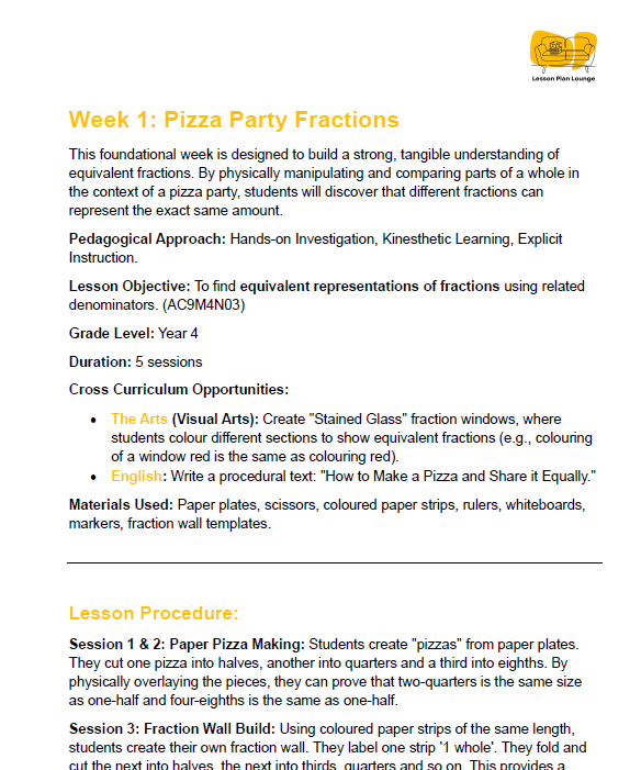 Mathematics - Unit 2: Fraction Fiesta & Decimal Dash - LESSON PLANS - Year 4