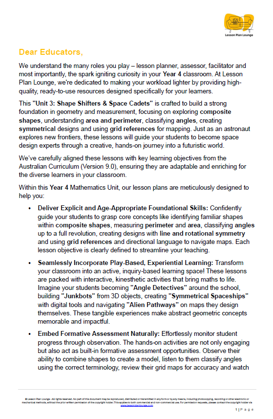 Mathematics - Unit 3 Shape Shifters and Space Cadets - LESSON PLANS - Year 4