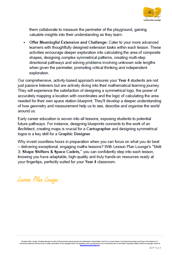 Mathematics - Unit 3 Shape Shifters and Space Cadets - LESSON PLANS - Year 4