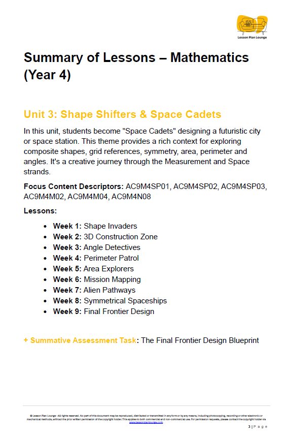 Mathematics - Unit 3 Shape Shifters and Space Cadets - LESSON PLANS - Year 4