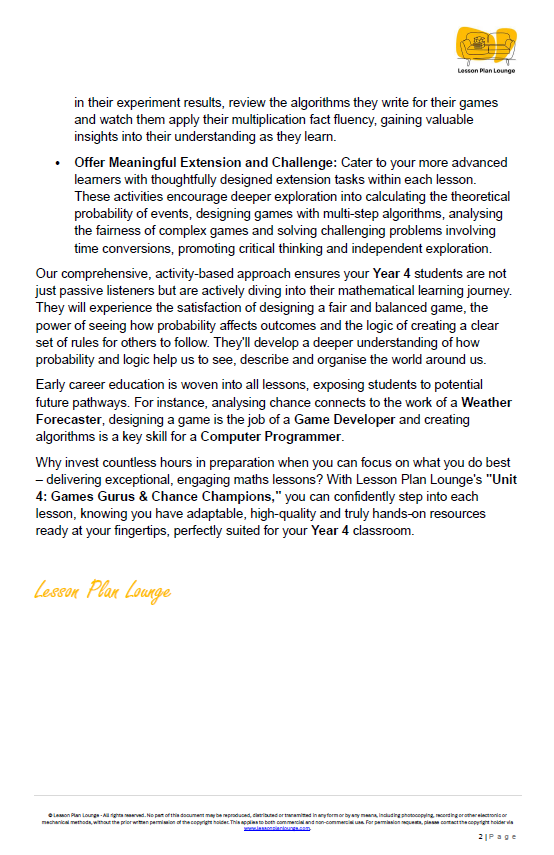 Mathematics - Unit 4: Games Gurus & Chance Champions - LESSON PLANS - Year 4