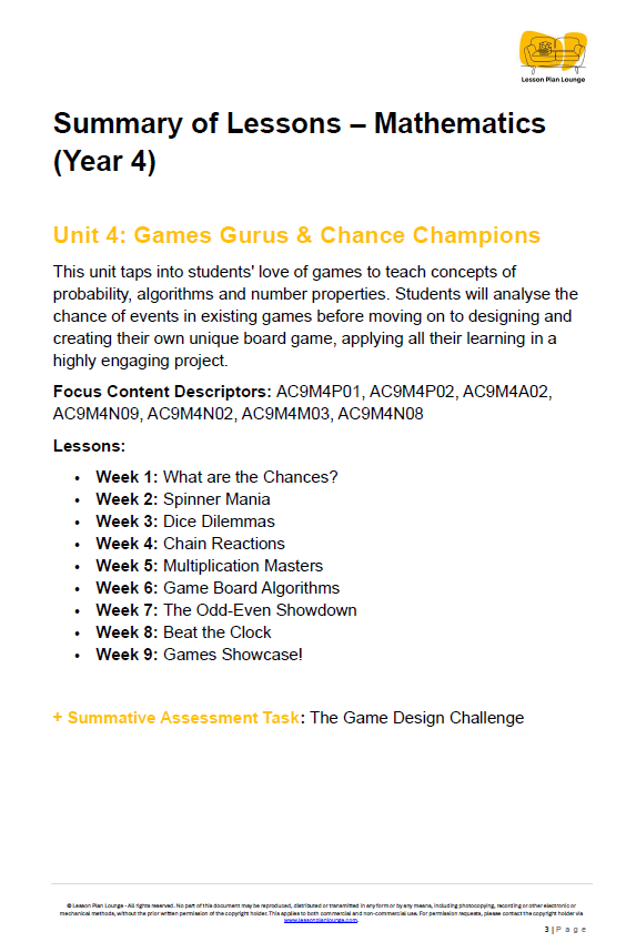 Mathematics - Unit 4: Games Gurus & Chance Champions - LESSON PLANS - Year 4