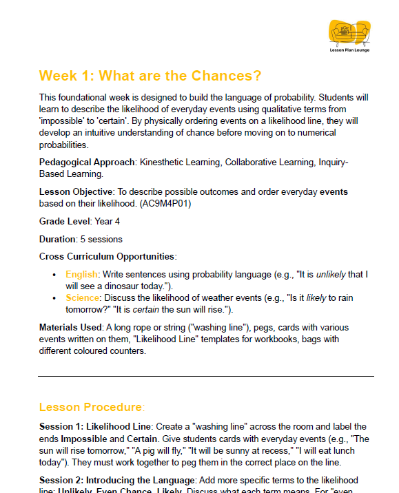 Mathematics - Unit 4: Games Gurus & Chance Champions - LESSON PLANS - Year 4