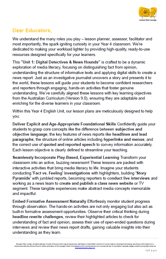 English - Unit 1: Digital Detectives & News Hounds - LESSON PLANS - Year 4
