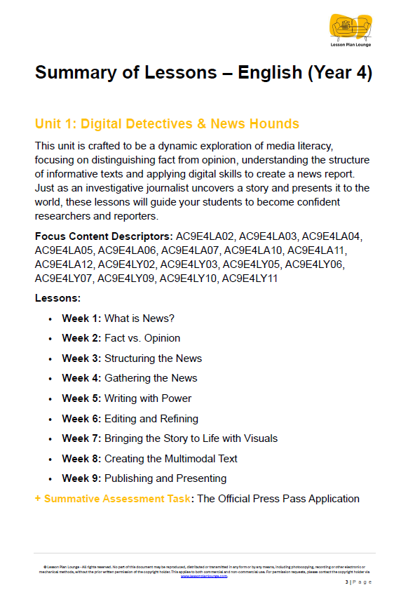 English - Unit 1: Digital Detectives & News Hounds - LESSON PLANS - Year 4