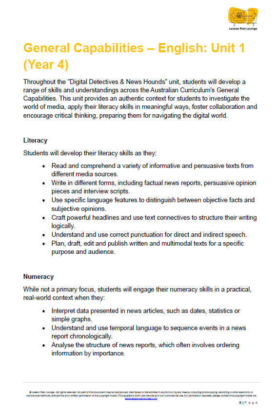 English - Unit 1: Digital Detectives & News Hounds - LESSON PLANS - Year 4