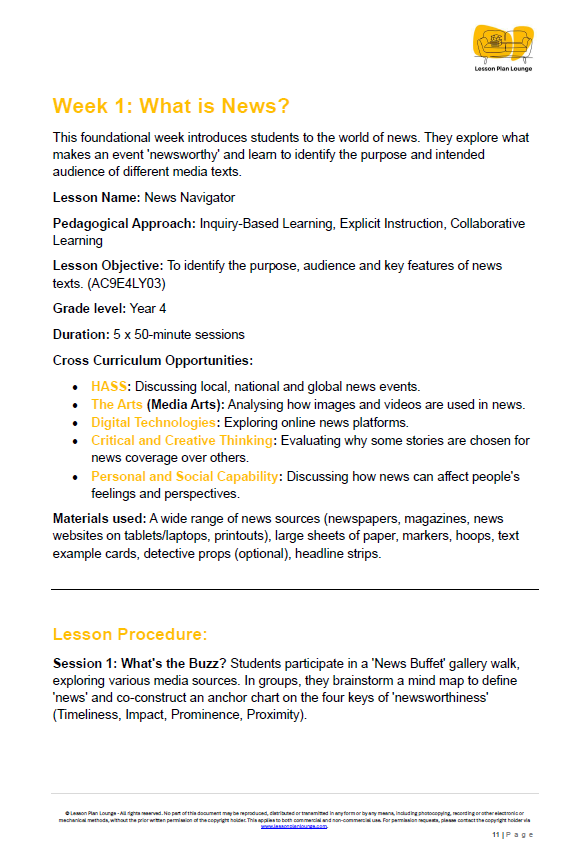 English - Unit 1: Digital Detectives & News Hounds - LESSON PLANS - Year 4